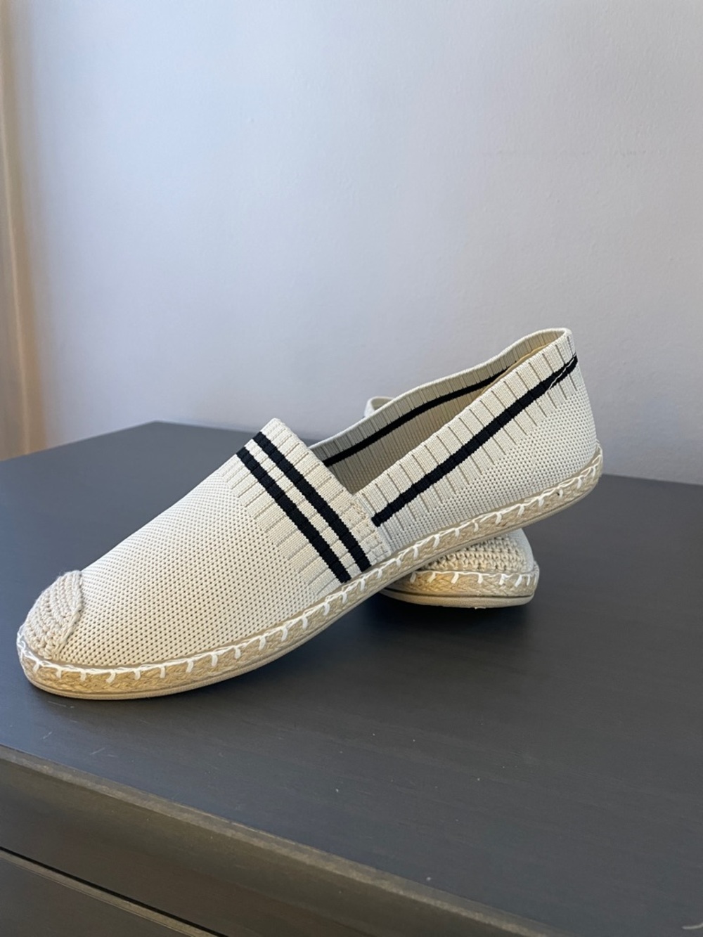 Cream Knit Espadrille Slip-On with Black Stripes